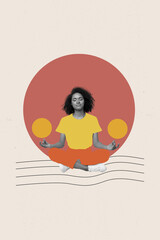 Vertical poster collage young girl sit meditate closed eyes concentrated asana zen calmness...