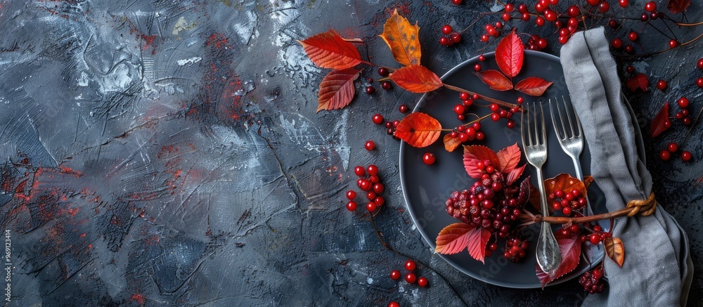 Poster Autumn table arrangement Cutlery napkin viburnum berries and leaves on a grey textured backdrop flat lay with room for text. with copy space image. Place for adding text or design