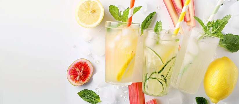 Fresh homemade summer drink with lemongrass rhubarb and lemon Promotes health packed with vitamins detoxifying and serves as a cold natural refresher White background copyspace