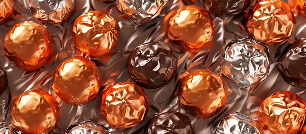 Poster spherical chocolate pralines are revealed in foil wrappers top view orange background copy space