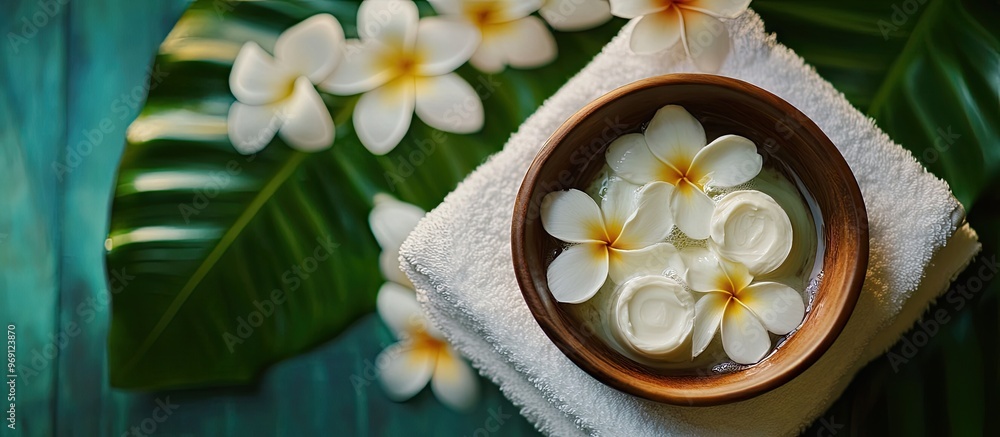 Poster spa or wellness environment featuring tropical flowers a bowl of water a towel and a tube of cream t