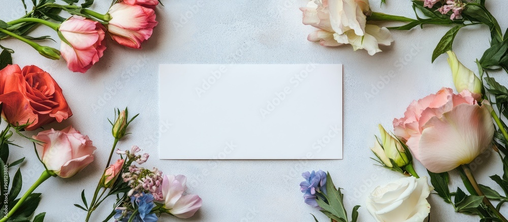 Fototapete Arrangement of a blank card and various flowers on a light background close up. with copy space image. Place for adding text or design