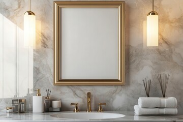 Gold frame mockup hanging in a luxurious bathroom with marble walls, paired with minimalistic toiletries and soft lighting, upscale and refined