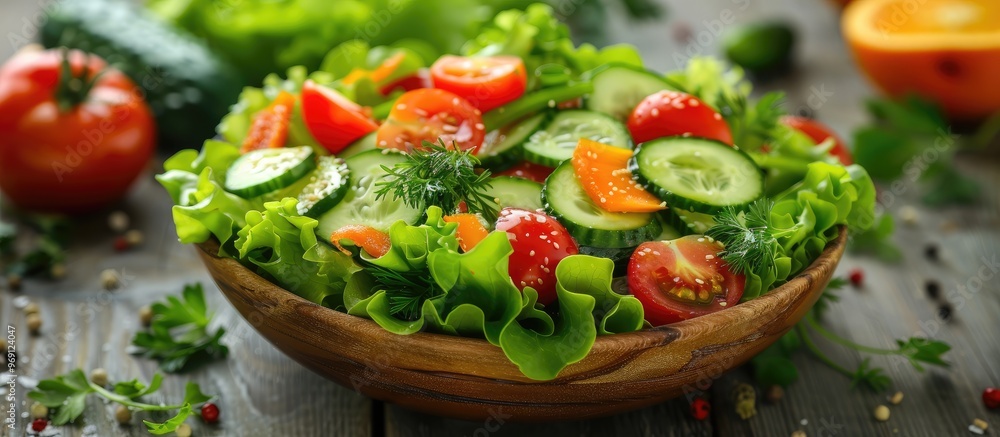 Poster Fresh salad served with fruit. with copy space image. Place for adding text or design