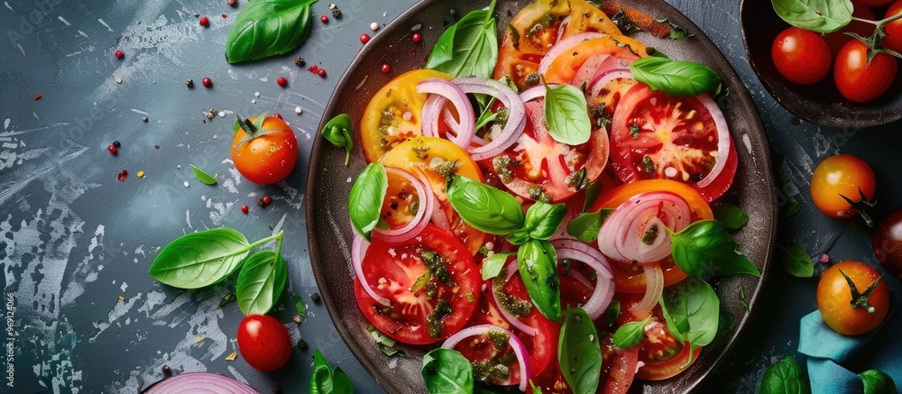 Poster colored tomato salad with onions and basil plant based dish top view flat lay. with copy space image