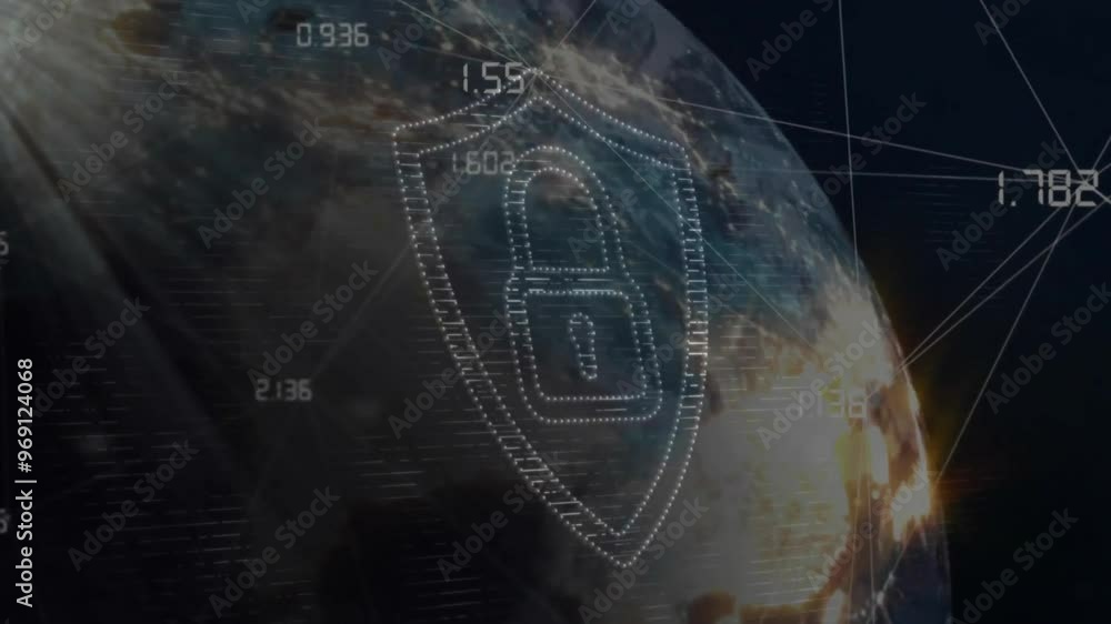 Aufkleber animation of connections with data processing and padlock icon over globe on black background