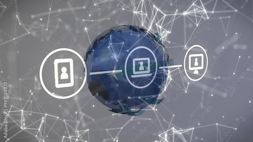 Poster animation of network of connections with icons over globe on white background