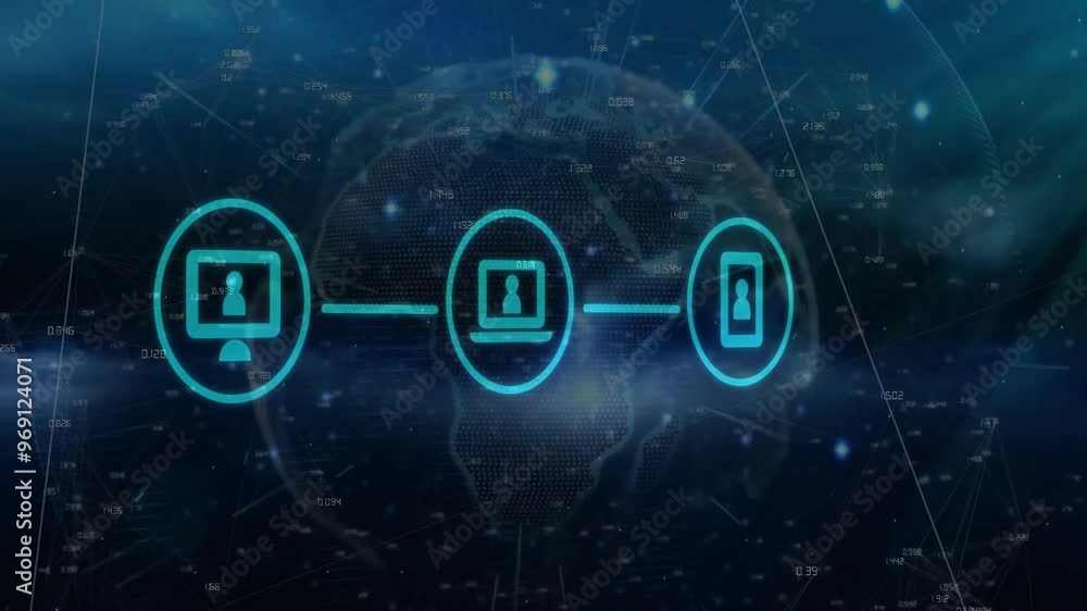 Poster animation of network of connections with icons and data processing over globe on black background