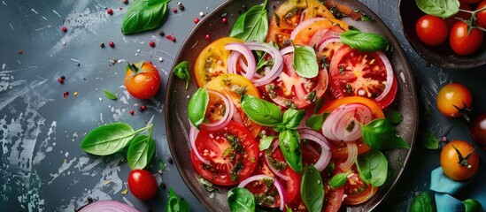 Colored tomato salad with onions and basil Plant based dish Top view Flat lay. with copy space image. Place for adding text or design