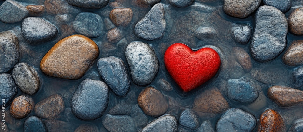 Poster Red decorative heart on stones and water overhead view Area for text. with copy space image. Place for adding text or design