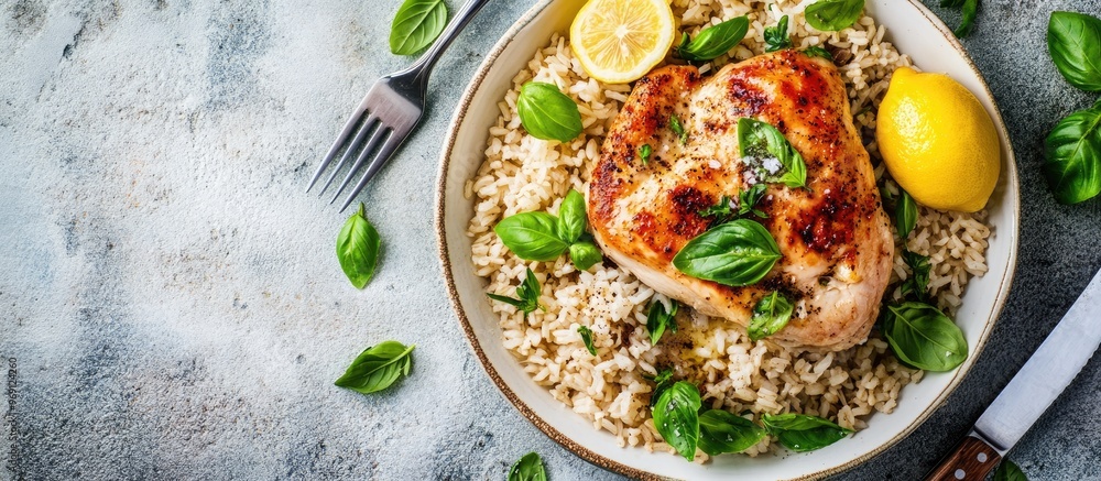 Aufkleber cooked whole chicken and brown rice accompanied by salt pepper basil fried lemon knife and fork on a