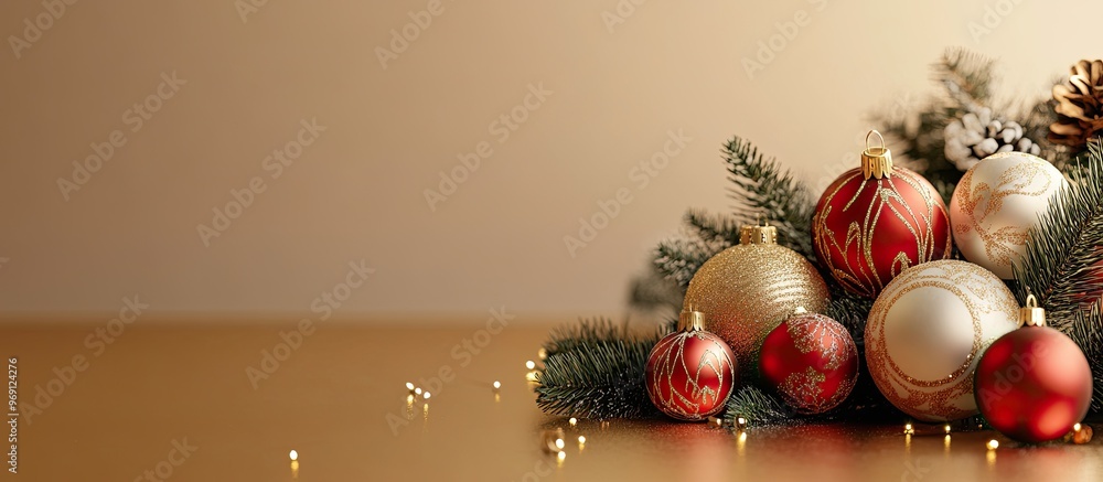Aufkleber christmas arrangement of tree ornaments on a gold backdrop. with copy space image. place for adding 