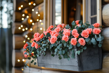 Fototapeta premium A window box filled with coral roses and eucalyptus on the front porch of an old log cabin.
