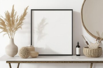 Horizontal frame mockup on a stylish console table, paired with a mirror and a few decorative items, sophisticated and modern
