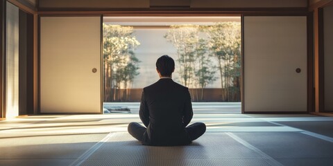 Man sitting in a Japanese room, looking out window.