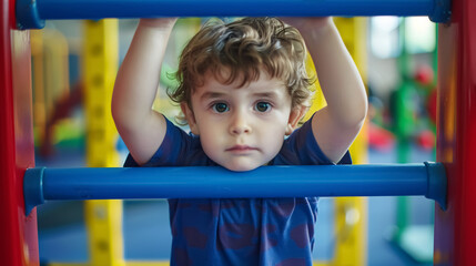 Fototapeta premium Little toddler boy working out at the indoor gym exercise.