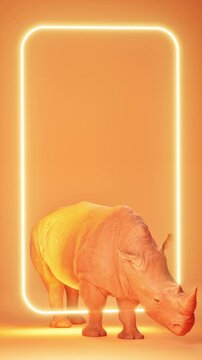 Pink rhinoceros on pink background with neon frame. 3d animation