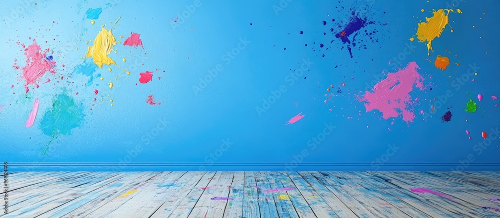 Poster vivid paint splatters on a blue wall beside a hardwood floor. with copy space image. place for addin
