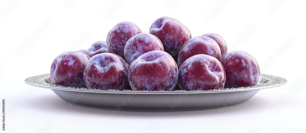 Aufkleber ripe plums on a metal plate isolated against a white background. with copy space image. place for ad