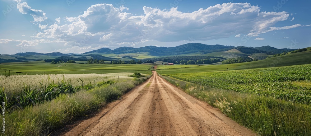 Poster country road leading to a farm. with copy space image. place for adding text or design