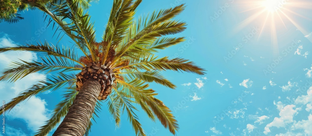 Poster bright fresh palm tree leaves with dates against a blue sky a tourist attraction a natural tropical 