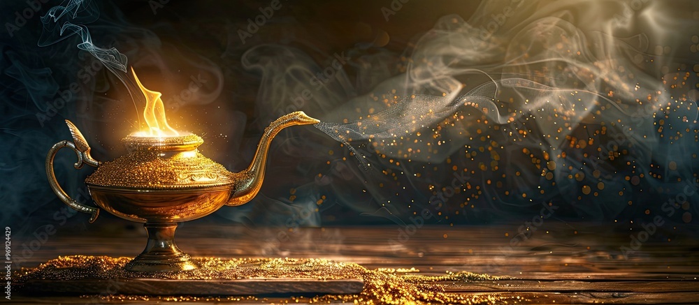 Poster A wish list mock up alongside a golden genie lamp set against a wooden board background Concept of desire fulfillment. with copy space image. Place for adding text or design