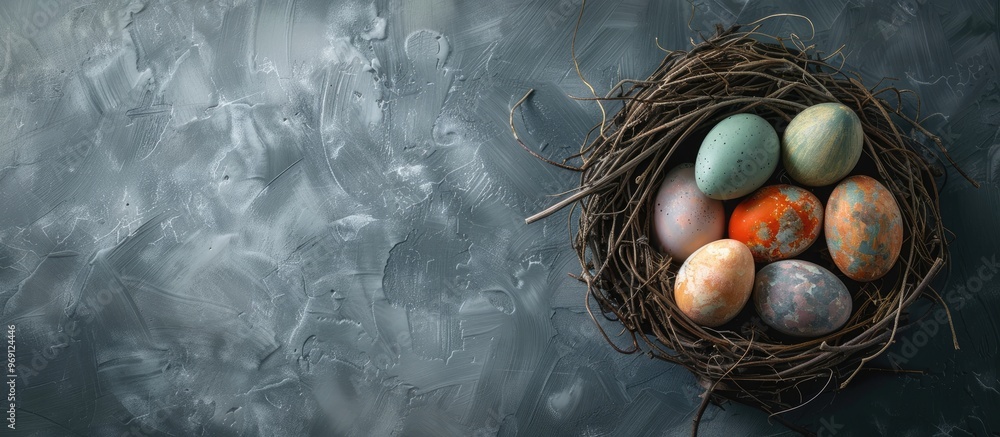 Fototapete Close up of Easter eggs in a nest against a grey background Top view. with copy space image. Place for adding text or design