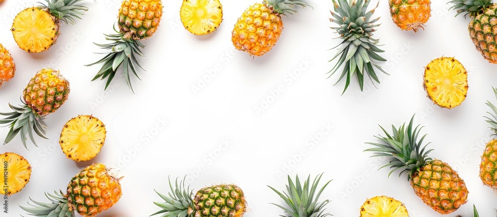 Aufkleber pineapples separated on a white background viewed from above fresh pineapple arrangement. with copy 