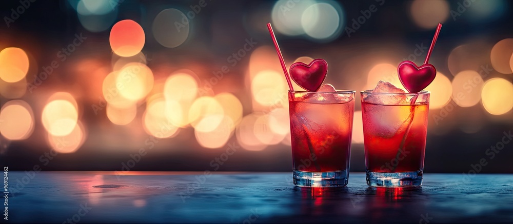 Poster Two drink cups at night with beautiful bokeh representing the concept of Valentine s Day. with copy space image. Place for adding text or design