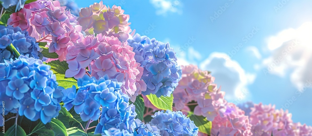 Poster beautifully blooming hydrangea beneath a blue sky. with copy space image. place for adding text or d