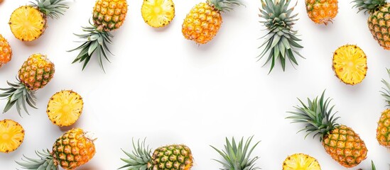 Fototapeta premium Pineapples separated on a white background viewed from above Fresh pineapple arrangement. with copy space image. Place for adding text or design