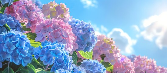 Beautifully blooming hydrangea beneath a blue sky. with copy space image. Place for adding text or design