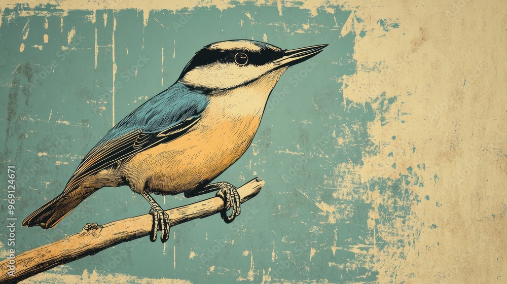 Wall mural line art illustration of a eurasian nuthatch perched on a branch