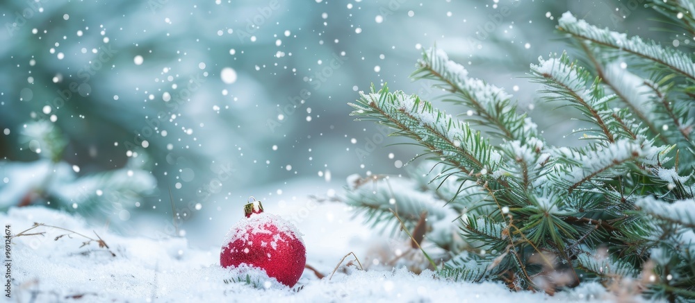 Poster merry christmas postcard backdrop small christmas tree in a snowy winter forest. with copy space ima