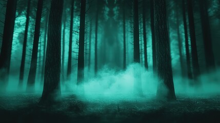Naklejka premium Mysterious fog rolling through a dark forest.