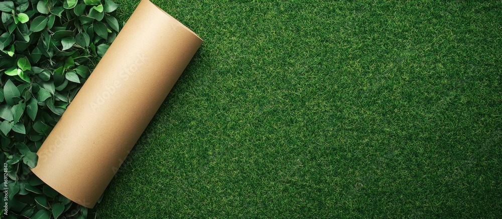 Aufkleber creative backdrop made from craft paper on green natural grass the idea of ecological products and n