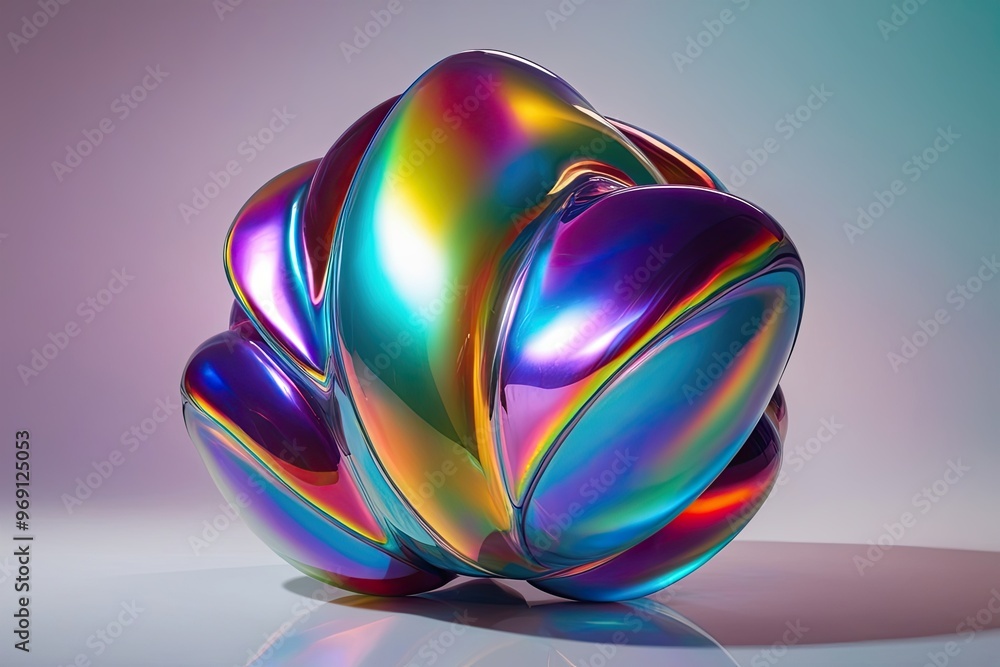 Poster abstract colorful three-dimensional shape with iridescent colours and refraction effects