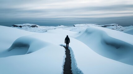 Snow-covered hills under a pale winter sky, with a single bench overlooking the quiet landscape, emphasizing solitude and reflection in the serene environment
