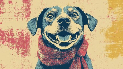 Illustration of a cheerful pet dog donning a cozy scarf amidst a chilly seasonal backdrop