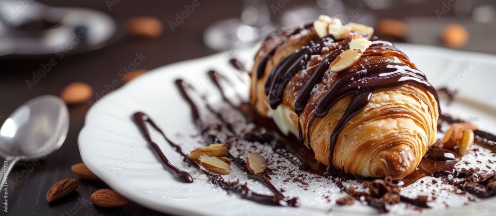 Poster close up of a chocolate coated puff pastry filled with cream and topped with almonds served on a whi