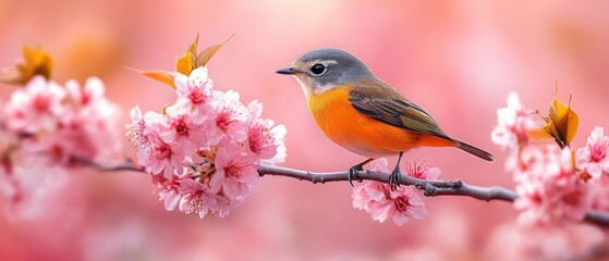 Fototapeta premium Orange-Breasted Bird Perched on a Branch of Pink Blossoms
