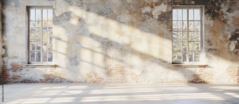 Fototapete Textured old wall with panoramic windows. with copy space image. Place for adding text or design