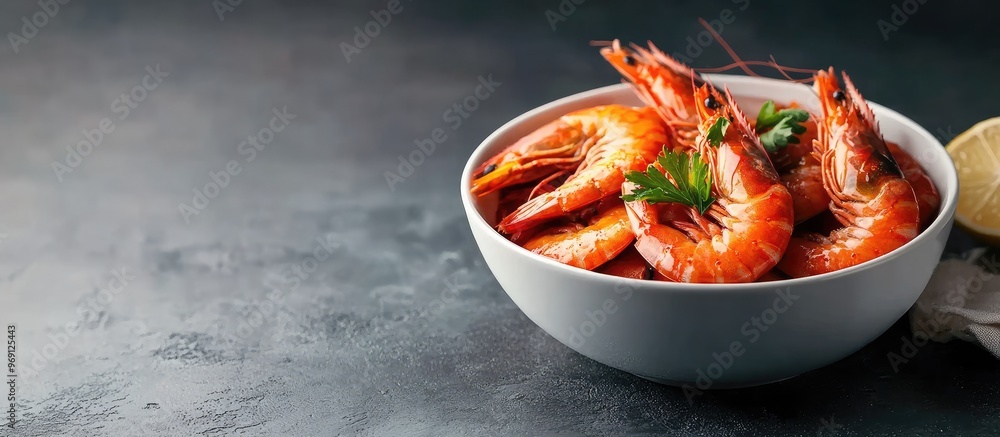 Leinwandbilder tasty delicious shrimp in a bowl on a table. with copy space image. place for adding text or design