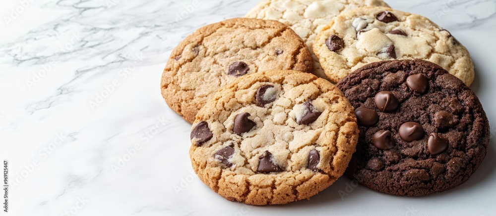 Fototapete assorted cookies including chocolate chip oatmeal raisin and white chocolate. with copy space image.