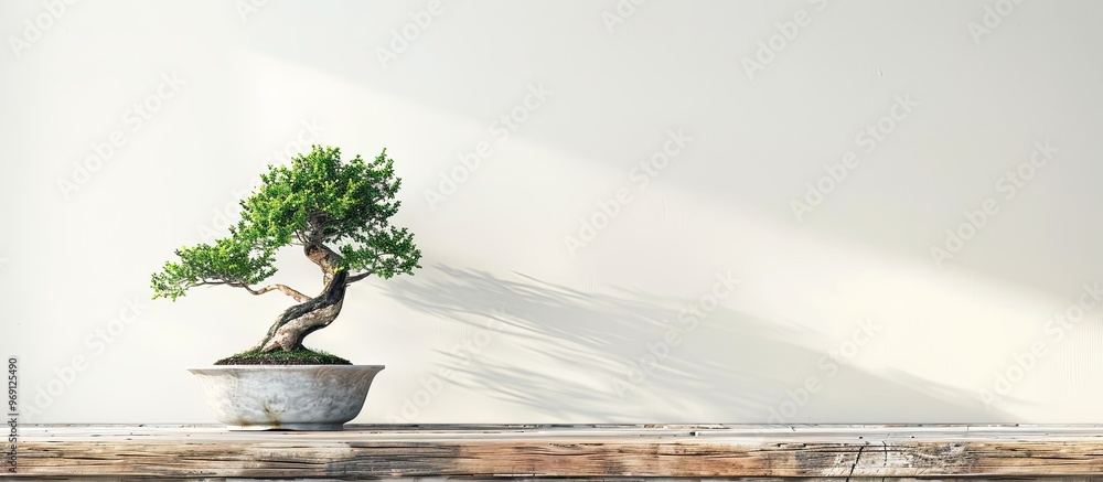 Leinwandbilder A beautiful bonsai tree in a pot placed on a wooden table with a white background. with copy space image. Place for adding text or design