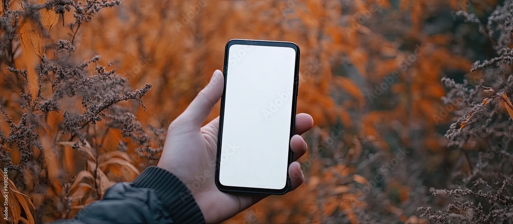Aufkleber Man holding a black smartphone featuring a white screen mockup showcasing a frameless application design concept. with copy space image. Place for adding text or design