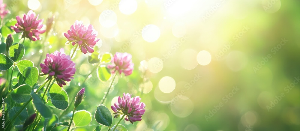 Aufkleber Summer blooming clover in a meadow bokeh floral background sparkly flower card. with copy space image. Place for adding text or design