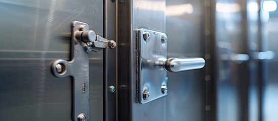 Obraz premium Generic metal public bathroom stall latch is closed with a gap visible in the door. with copy space image. Place for adding text or design