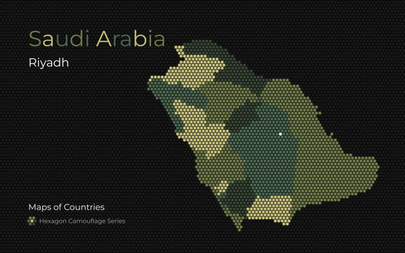Saudi Arabia Hexagon Map with Green Camouflage Color Regions, Riyadh Highlighted	
