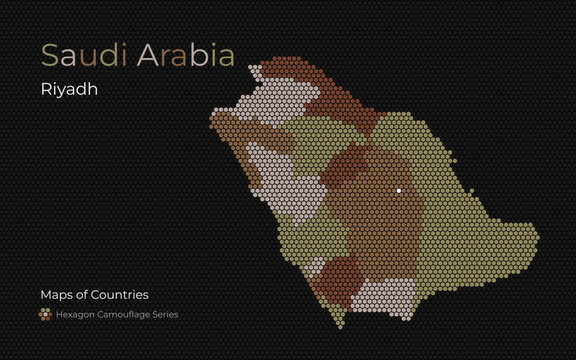 Saudi Arabia Hexagon Map with Green Camouflage Color Regions, Riyadh Highlighted	
